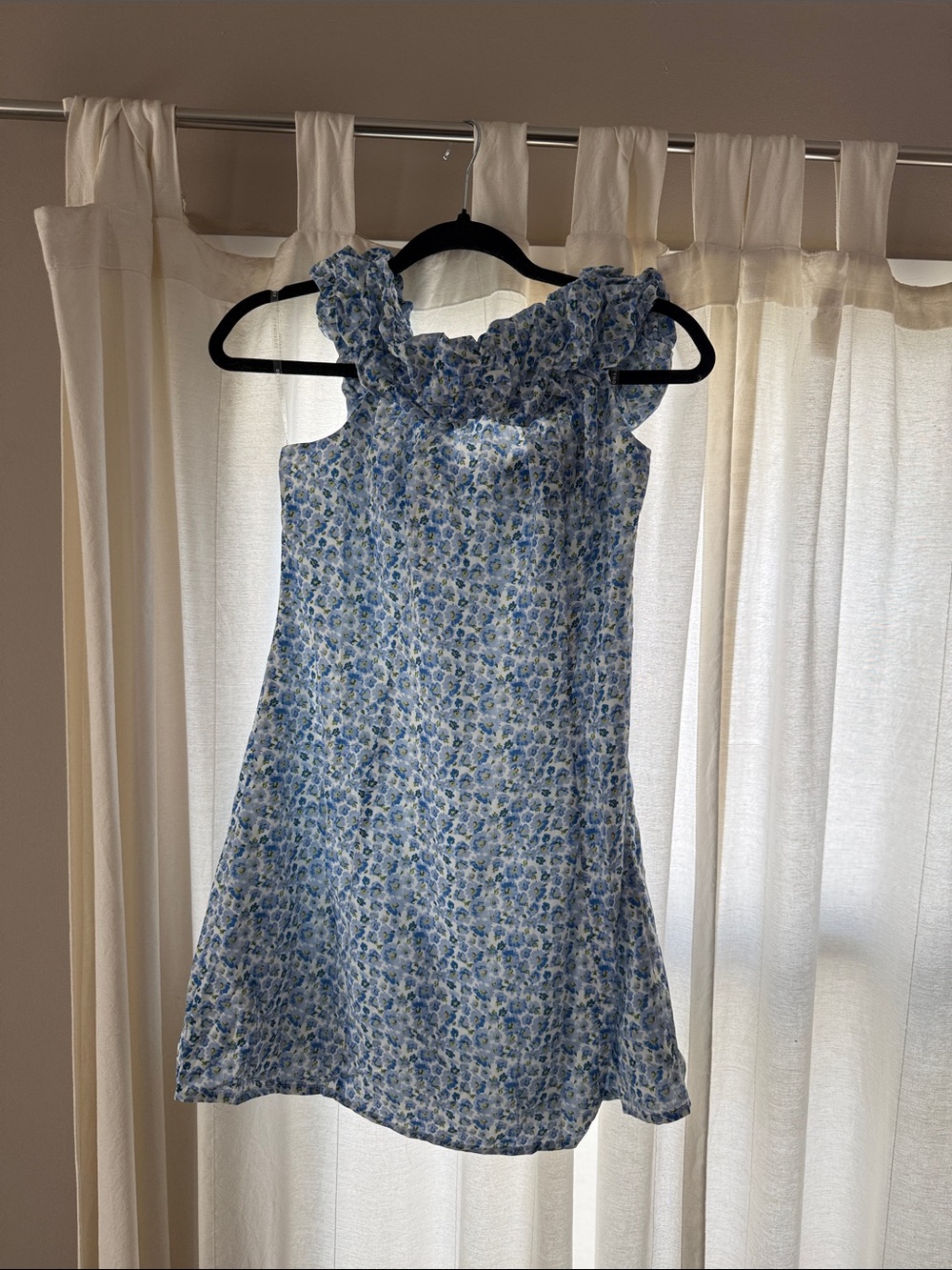 Blue Floral Ruffled Neck Sundress